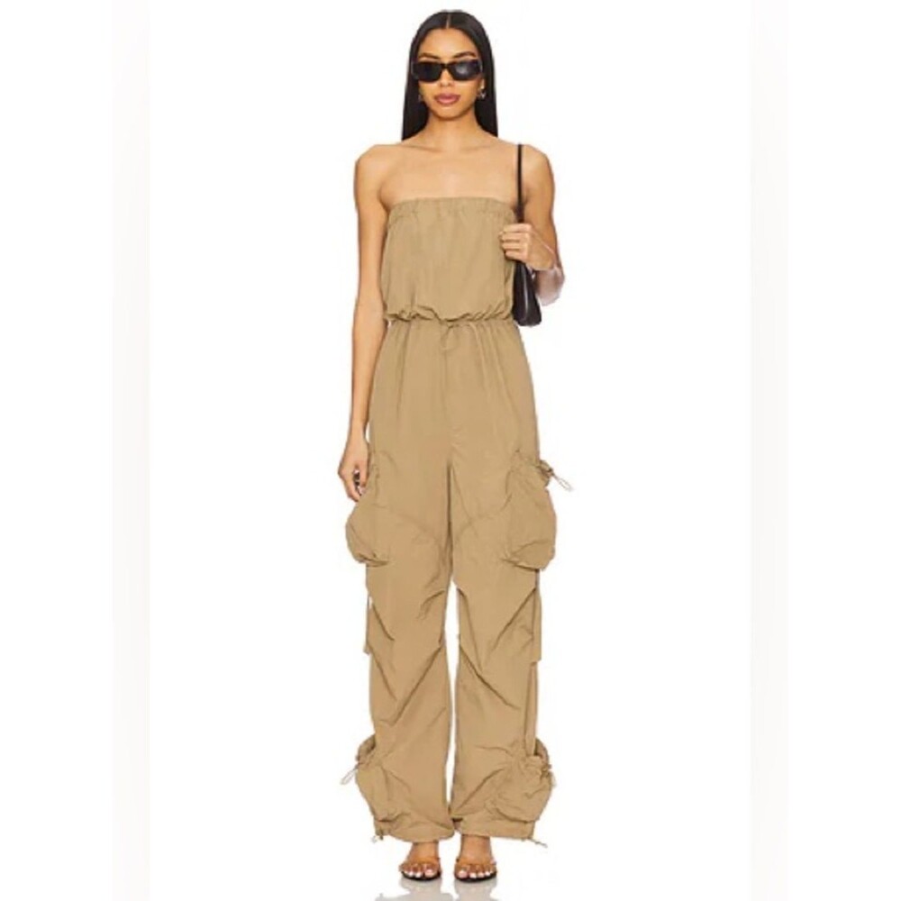 NEW STEVE MADDEN Kylo Oak Buff Strapless Vacation Cargo Sporty Skater Jumpsuit L